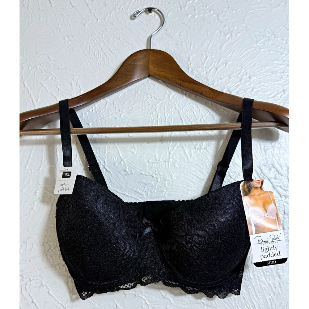 Rene Rofe 34DD Black Lace Bra Lightly Padded Underwire Floral NWT